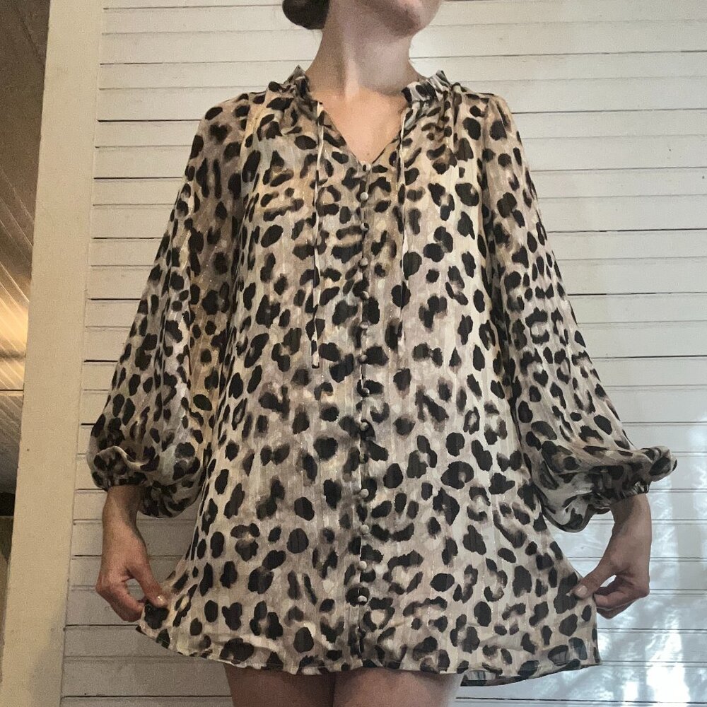 XS Buddy Love leopard print metalic thread long puffy sleeve mini party dress